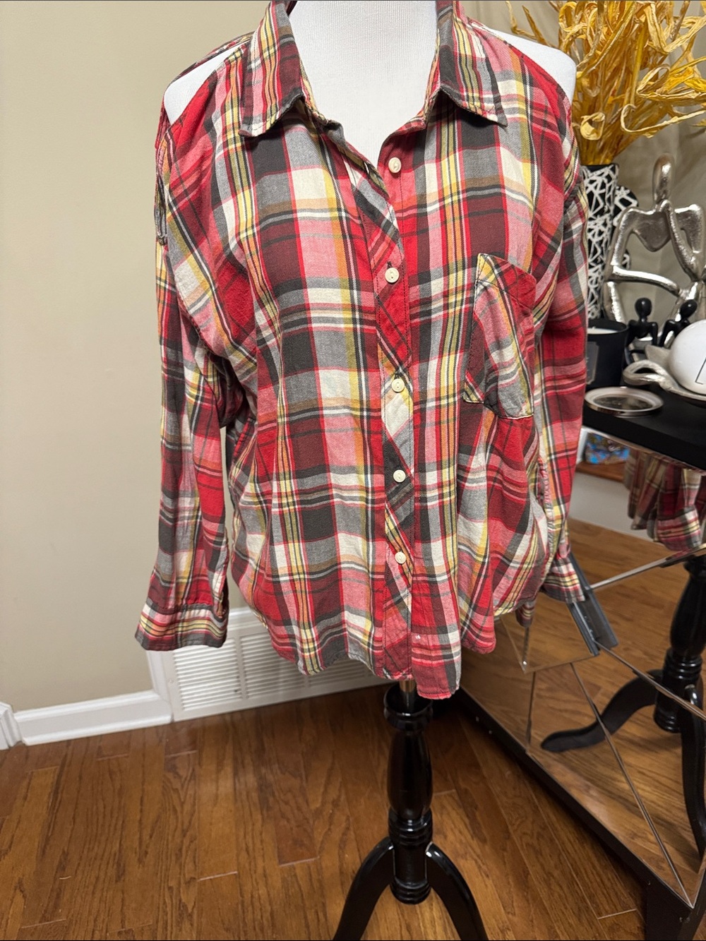 Denim & Supply Ralph Lauren Red Plaid Cut-Out Shoulder Shirt Size XL NWT.